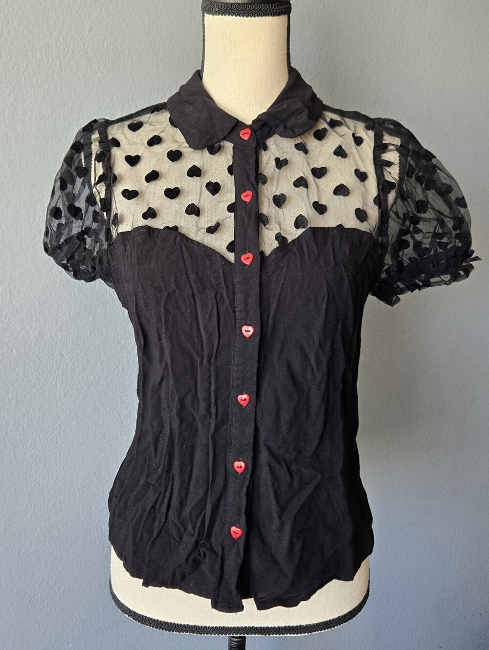 Black Flocked Heart Girls Woven Button-Up - Picture 2 of 7
